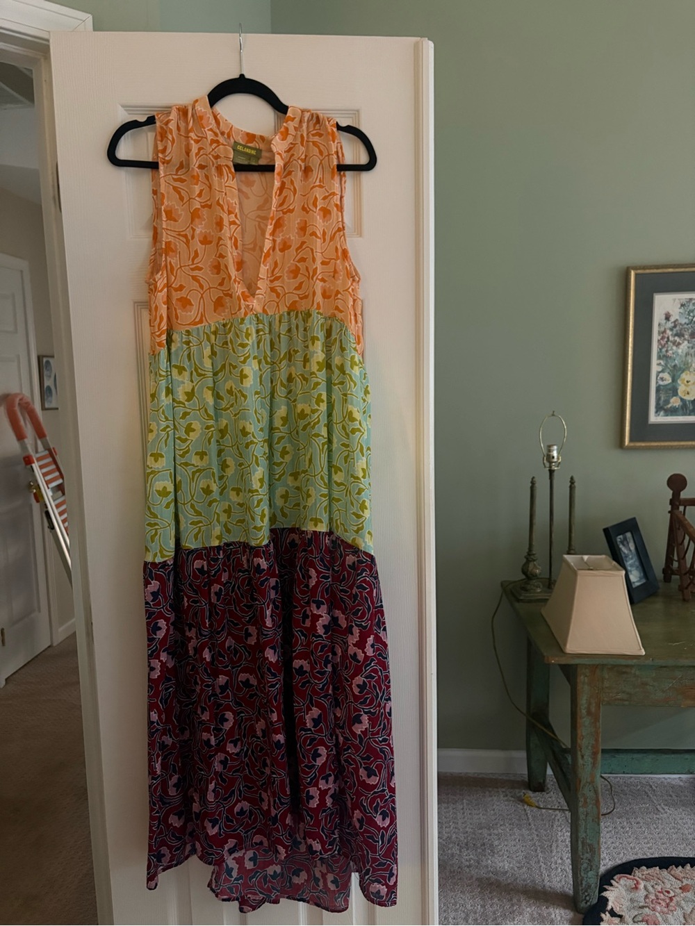 Anthropologie Sleeveless Maxi Dress in Peach, Lime & Burgundy